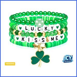 Stretch Shamrock Charm Bracelet with Green Beads, Adjustable Stackable